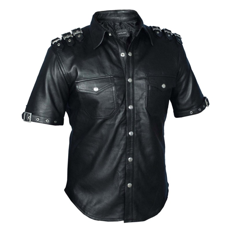 Mens Gothic pUNK Rock Real Leather Shirt Fetish Club Shirt 