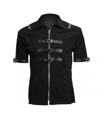 Men Gothic Shirt Black Denim Steampunk Style Straps Buckle Leather Shirt 