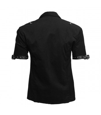 Men Gothic Shirt Black Denim Steampunk Style Straps Buckle Leather Shirt 