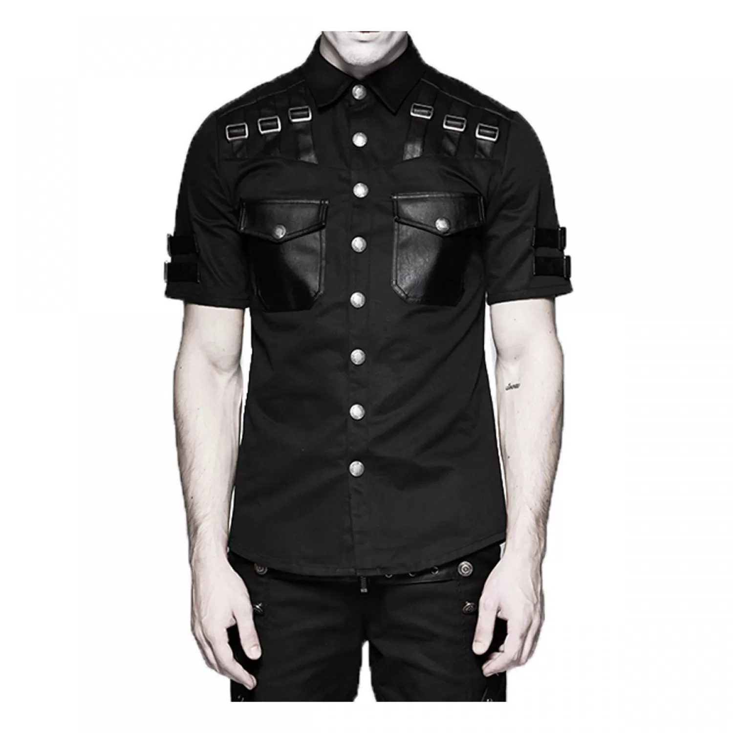 Men Gothic Short Sleeve Shirt Military Punk Style Cotton Shirt  | Fetish Shirt