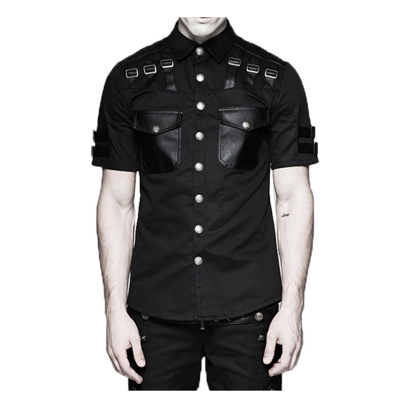 Men Gothic Shirt Military Summer Shirt Punk Style Short Sleeve Back Shirt 