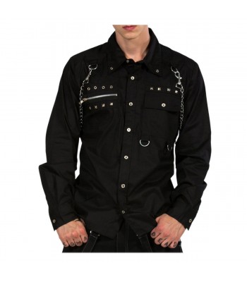 Men Gothic Shirt Metal Studs Chain Cotton Punk Shirt 