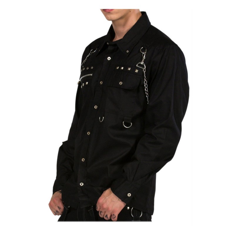 Men Gothic Shirt Metal Studs Chain Cotton Punk Shirt 