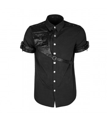 Steampunk Shady Gothic Shirt Black Mens Sleeved Leather Straps Shirt 