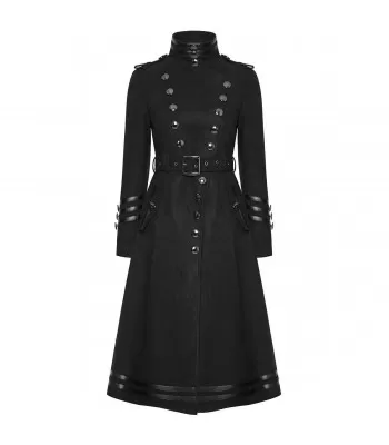 Gothic Attitude Women’s Gothic Steampunk Military Long Coat – Vintage Army Style with Faux Leather Trim