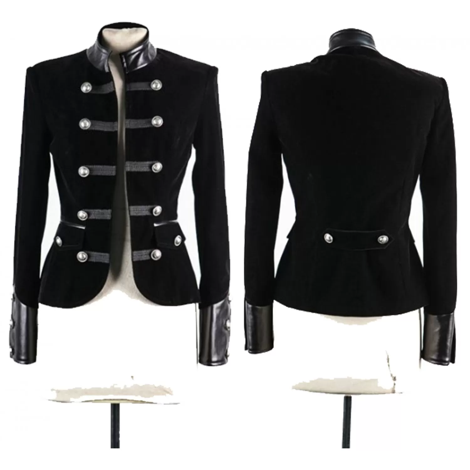 Women Black Velvet Military Jacket Leather Accents Double Breasted Vintage Coat