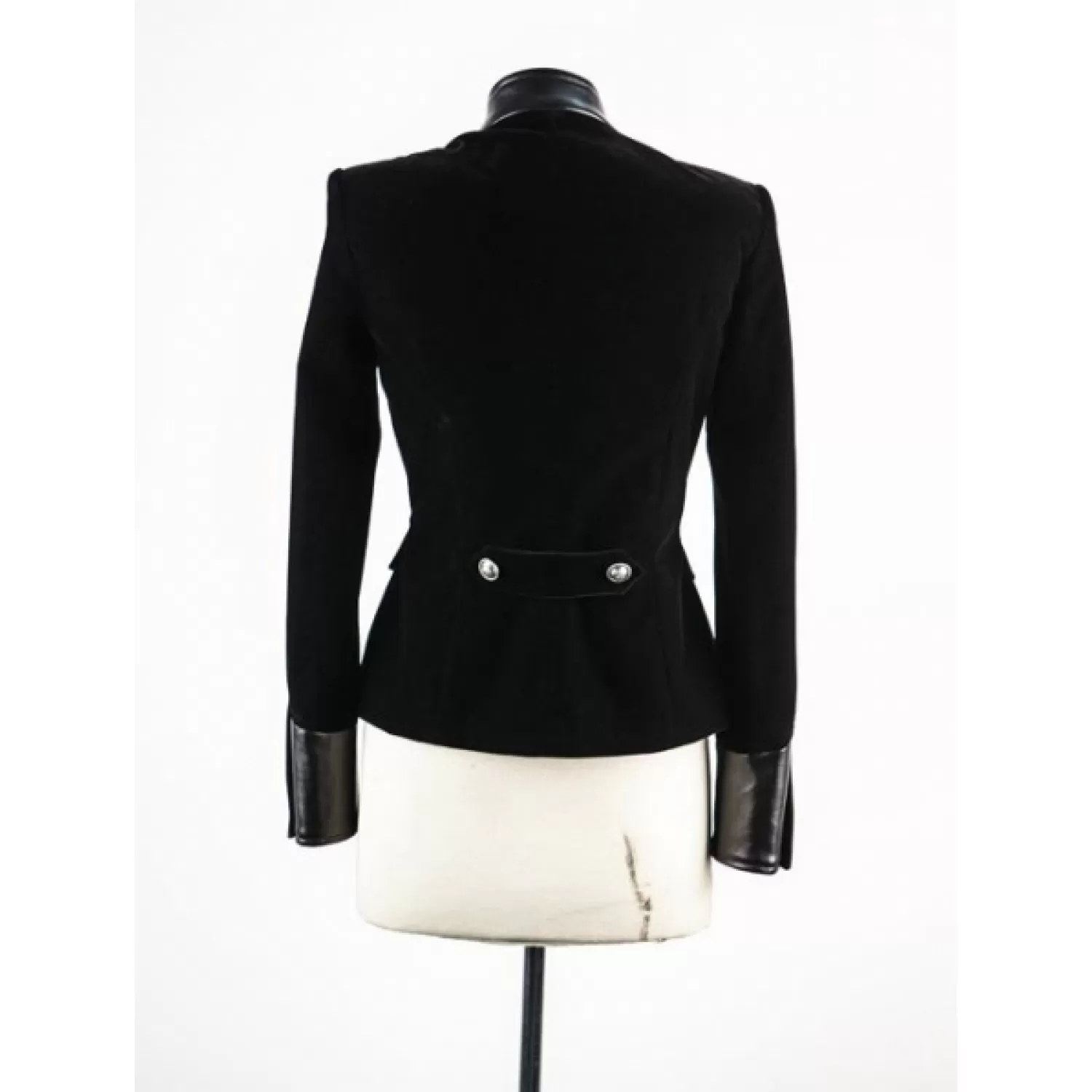 Women Black Velvet Military Jacket Leather Accents Double Breasted Vintage Coat