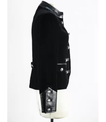 Women Black Velvet Military Jacket Leather Accents Double Breasted Vintage Coat (2025)
