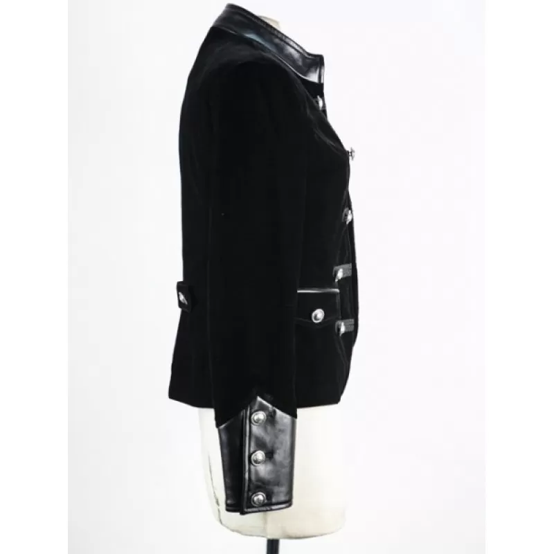 Women Black Velvet Military Jacket Leather Accents Double Breasted Vintage Coat