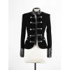 Women Black Velvet Military Jacket Leather Accents Double Breasted Vintage Coat
