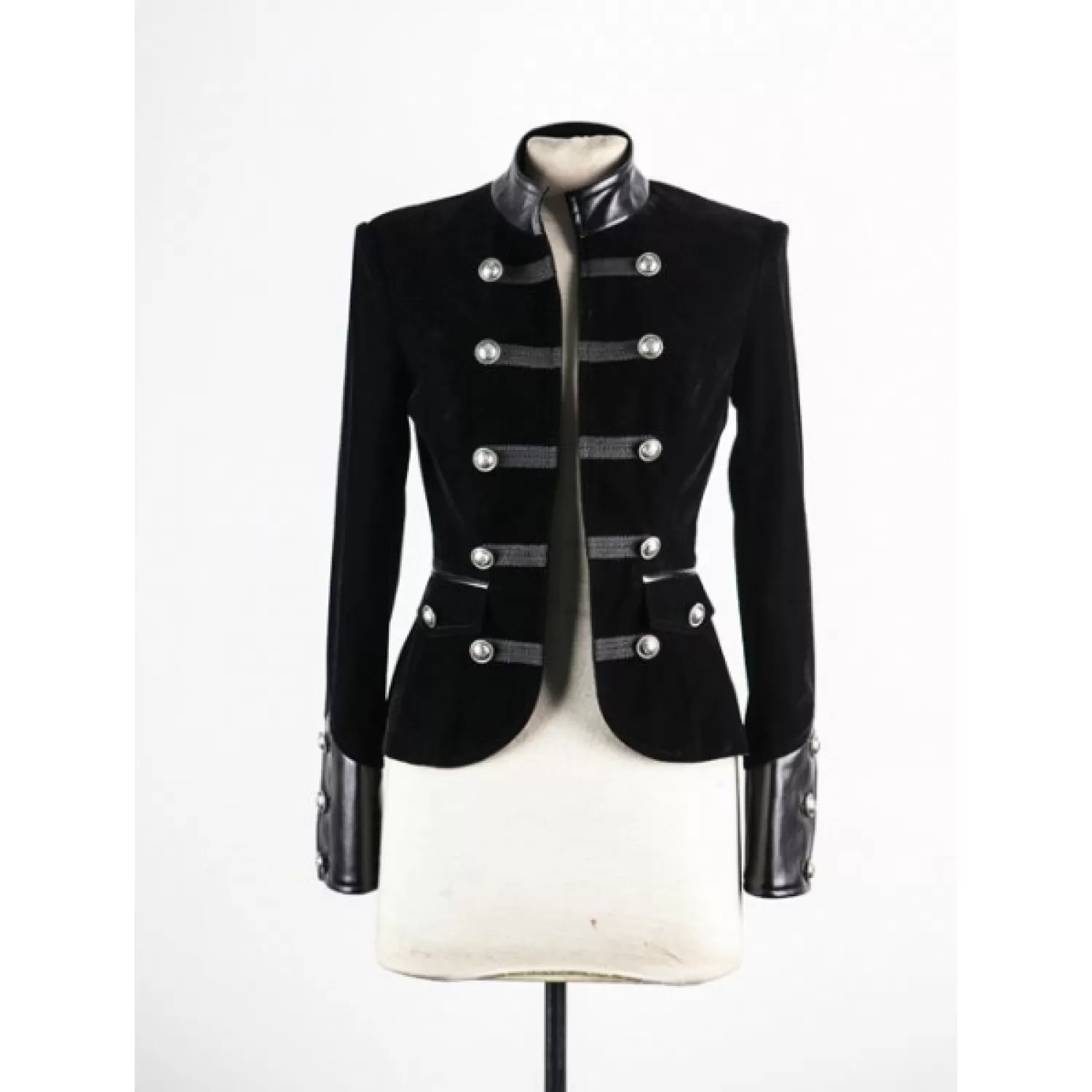 Women Black Velvet Military Jacket Leather Accents Double Breasted Vintage Coat