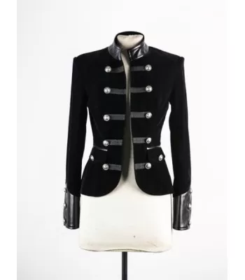 Women Black Velvet Military Jacket Leather Accents Double Breasted Vintage Coat (2025)