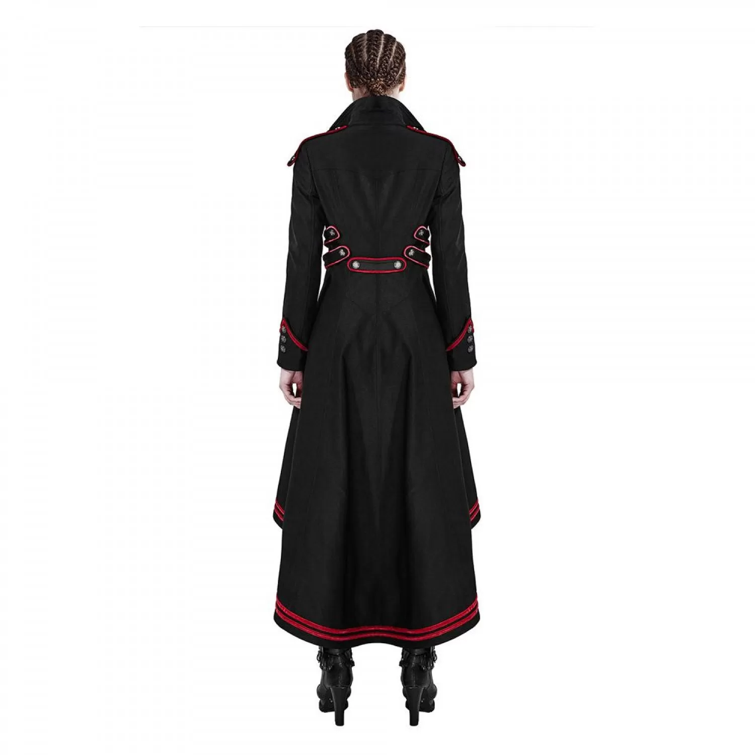 Women’s Steampunk Military Gothic Long Coat | Red Trim Vintage Army Style