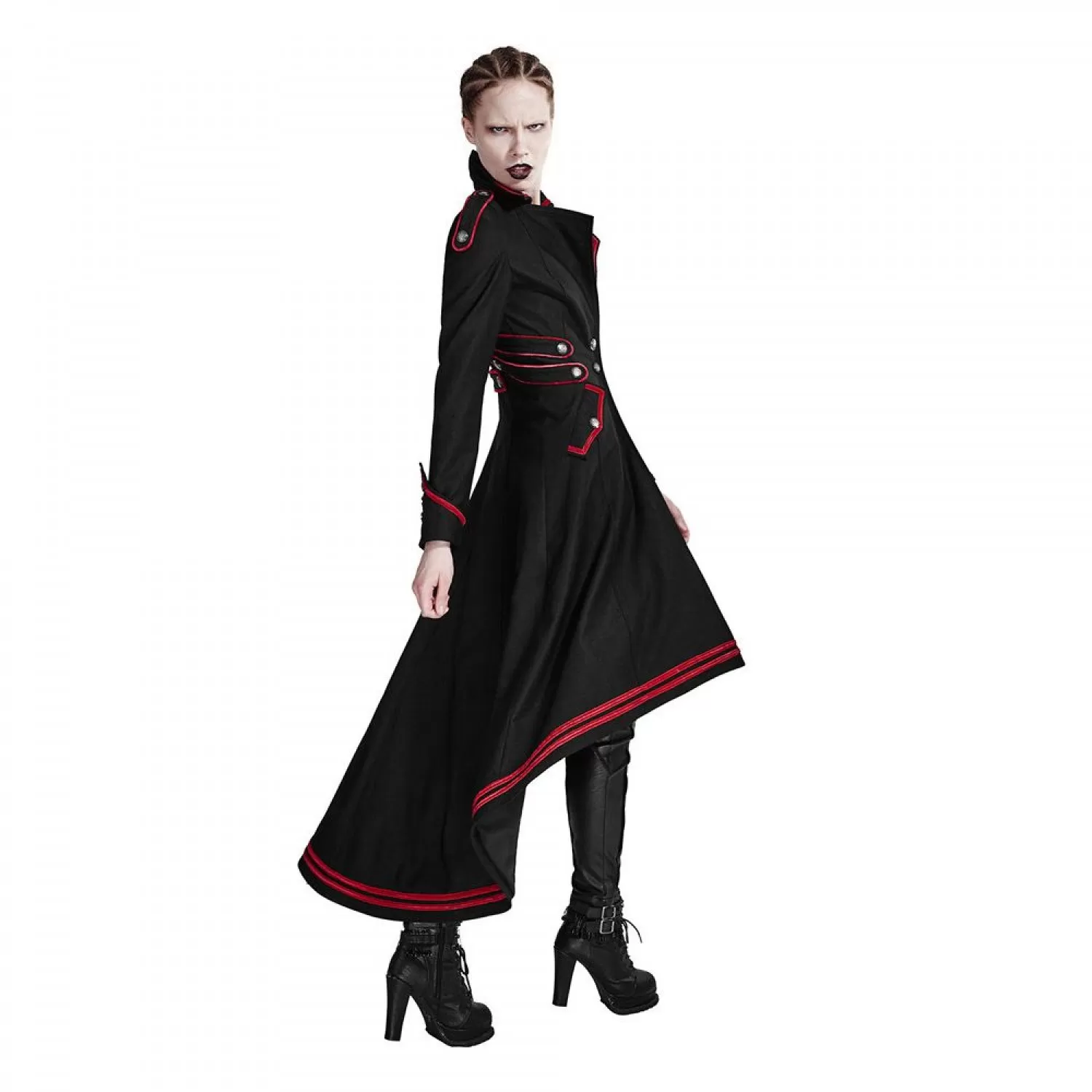 Women’s Steampunk Military Gothic Long Coat | Red Trim Vintage Army Style