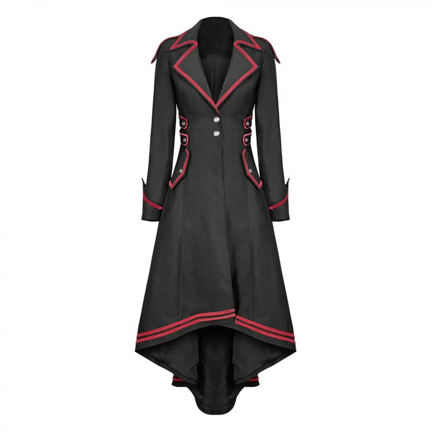 Women’s Steampunk Military Gothic Long Coat | Red Trim Vintage Army Style