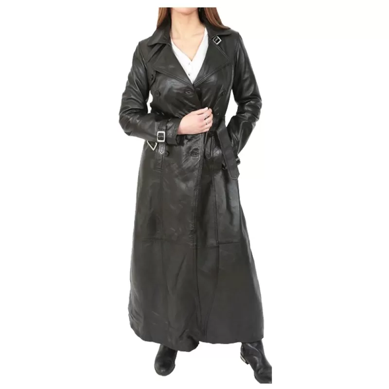 Women Gothic Long Black Leather Coat Double Breasted Trench Coat ...