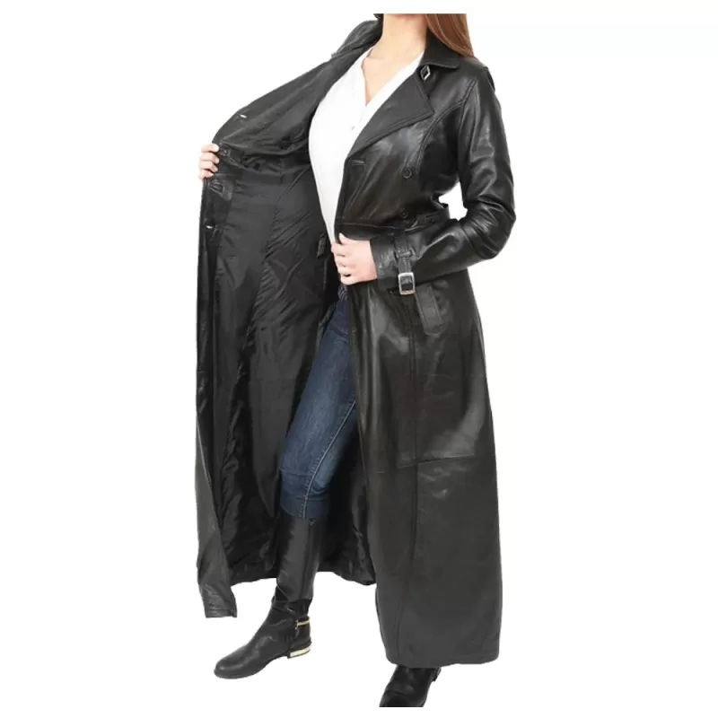 Women Gothic Long Black Leather Coat Double Breasted Trench Coat ...