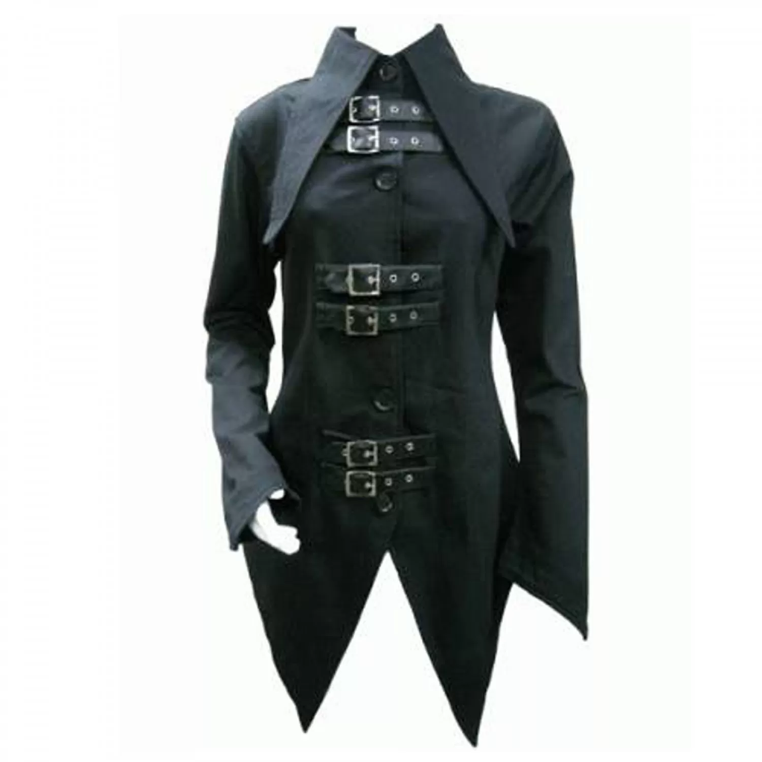 Gothic Attitude Women’s Black Buckle Strap Tailcoat – Fetish Gothic Belted Jacket