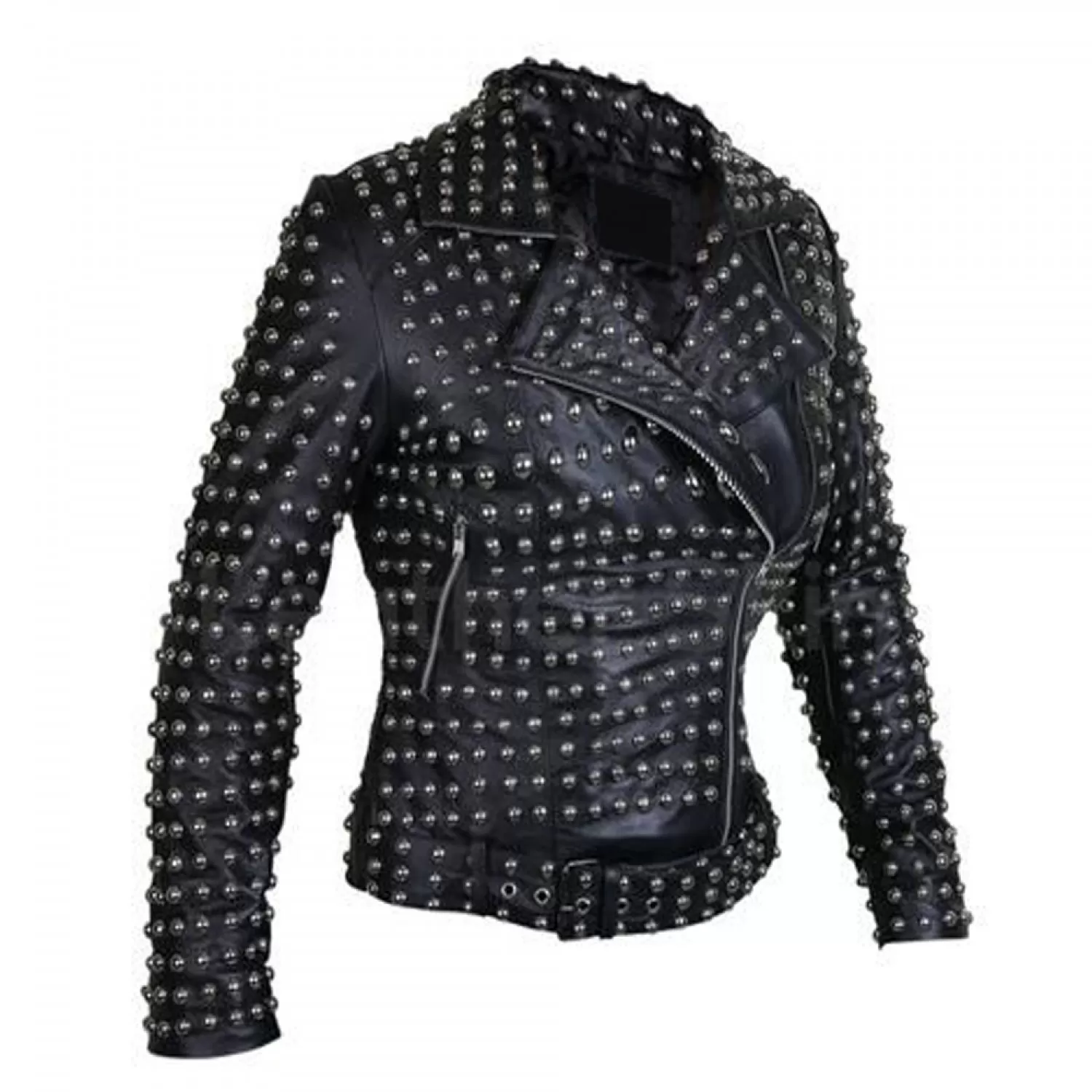 Women Gothic Brando Belted Jacket | Black Studded Leather Biker Jacket