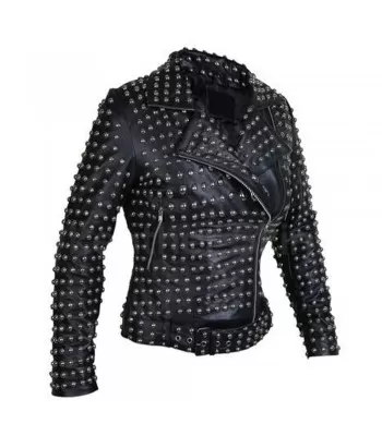Women Black Brando Belted Round Cap Studded Leather Jacket (2025)
