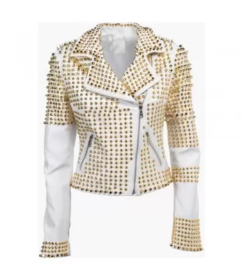 Women Golden Studded Jacket Premium Leather Zippered Spiked Brando Jacket (2025)