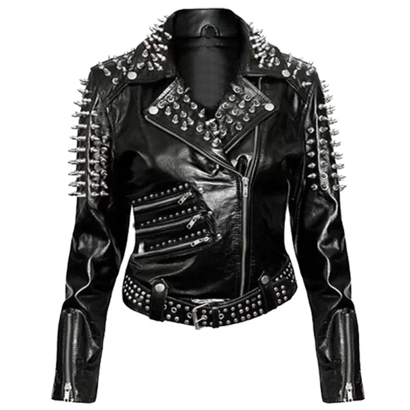 New Women Fashion Black Jacket Brando Style Jacket Silver Spiked ...