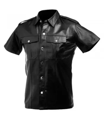 Men Gothic Shirt Black Genuine Leather Moto Shirt Front Button Fetish Shirt (2025)