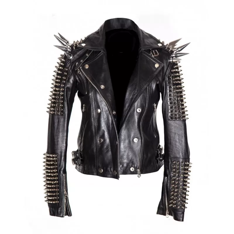 Women Silver Studded Long Spiked Handmade Jacket Men Leather Black Spice  Rock Punk Style Jacket