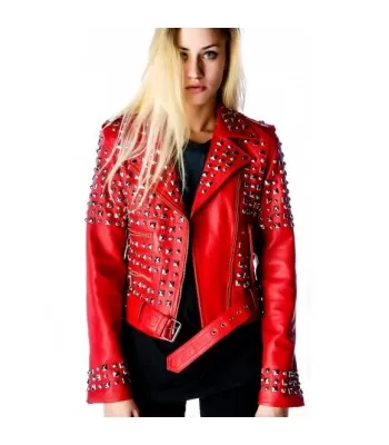 Women Red Genuine Leather Biker Gothic Jacket | Studded Spiked Shoulder Design