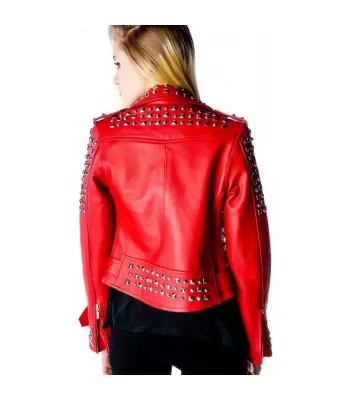 Women Red Genuine Leather Biker Gothic Jacket | Studded Spiked Shoulder Design