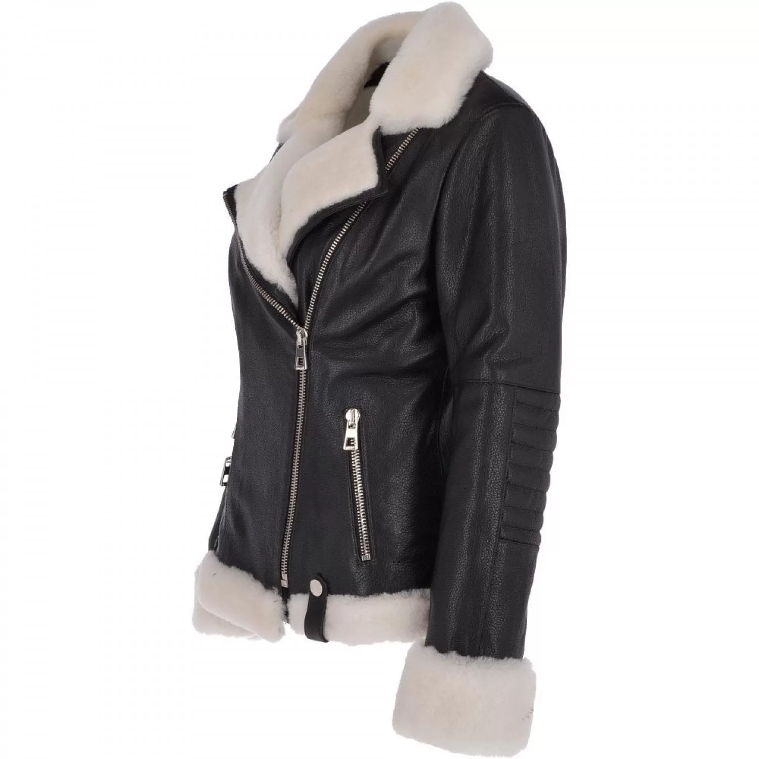 Women’s Biker Genuine Leather Jacket | Side Zip with Sheepskin Collar