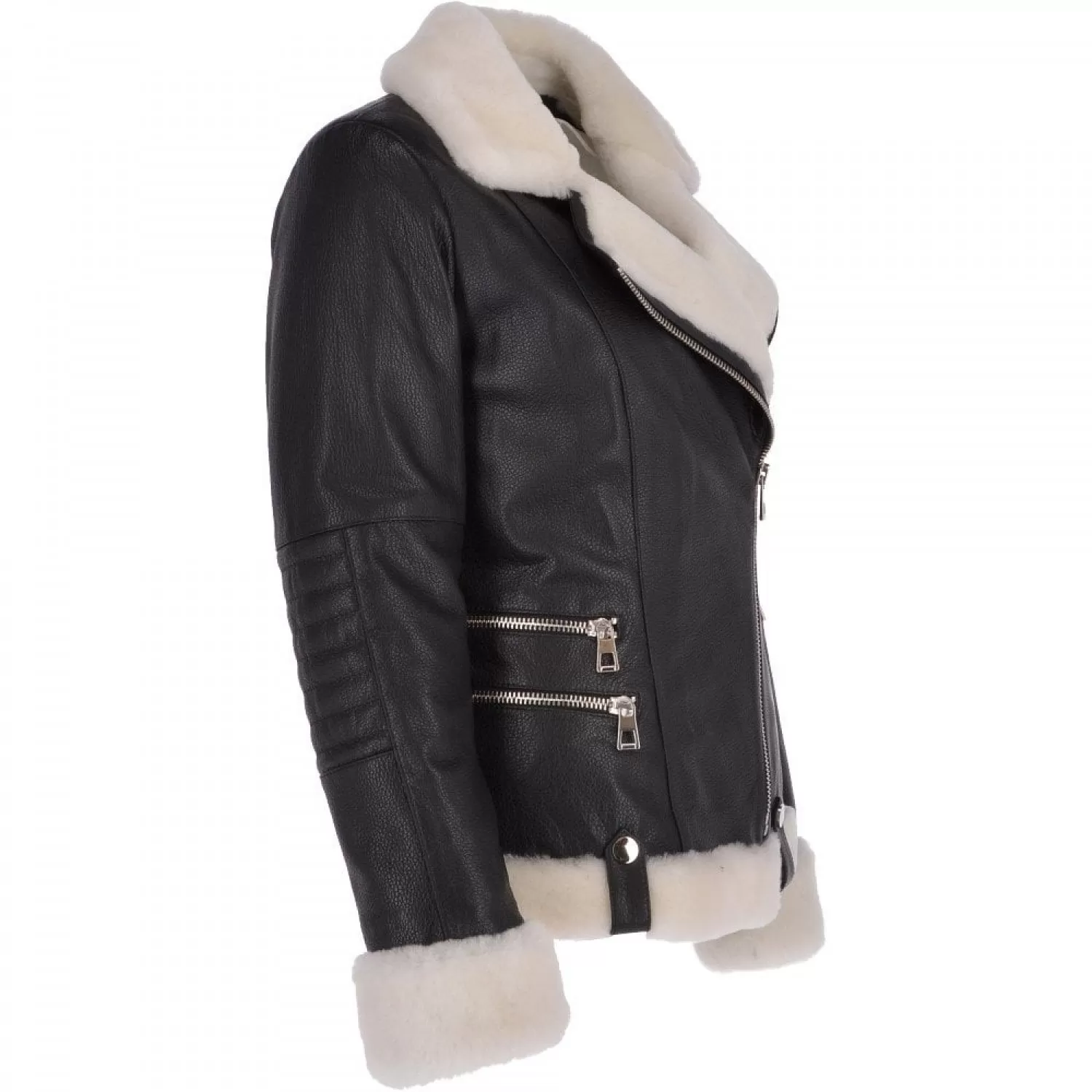 Women’s Biker Genuine Leather Jacket | Side Zip with Sheepskin Collar