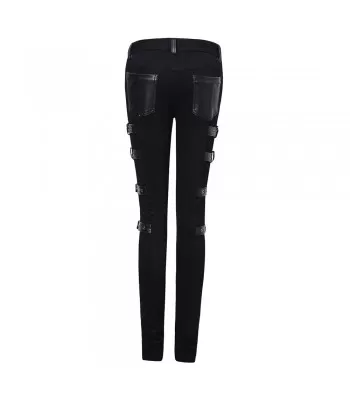 Industrial Gothic Denim Leather Pants | Men’s Punk Rock Buckle Strap Trousers