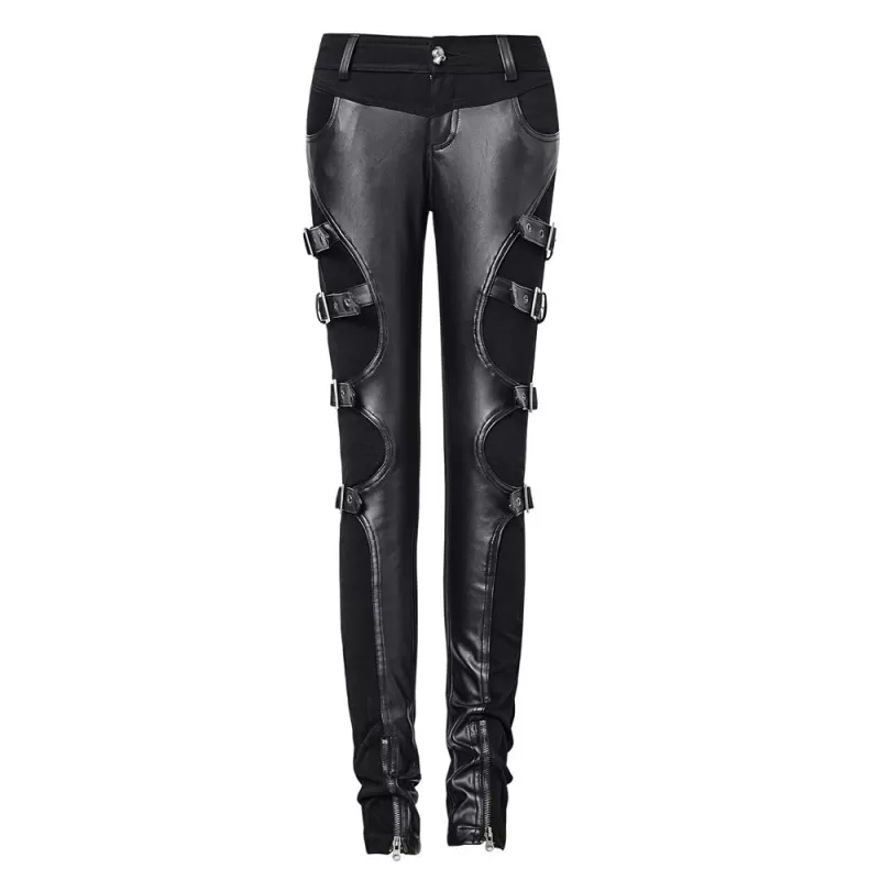 Gothic Retro Warrior Futurism Rock Black Leather Pants With Straps