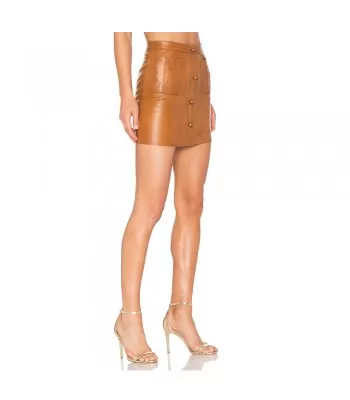 Women Brown ShrimpTon Leather Mini Skirt Front Snap Pockets Women Gothic Skirt (2025)