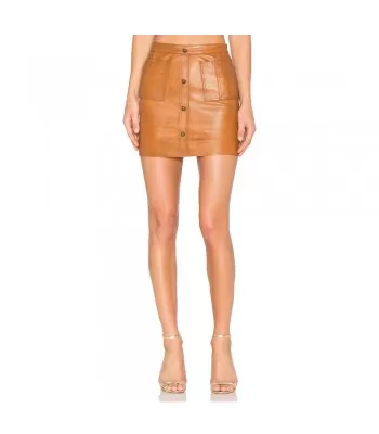 Women Brown ShrimpTon Leather Mini Skirt Front Snap Pockets Women Gothic Skirt (2025)