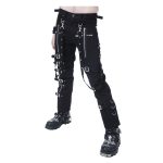Men Black Cybergoth Punk Pants | Slim Fit Industrial Trousers with Straps & Chains