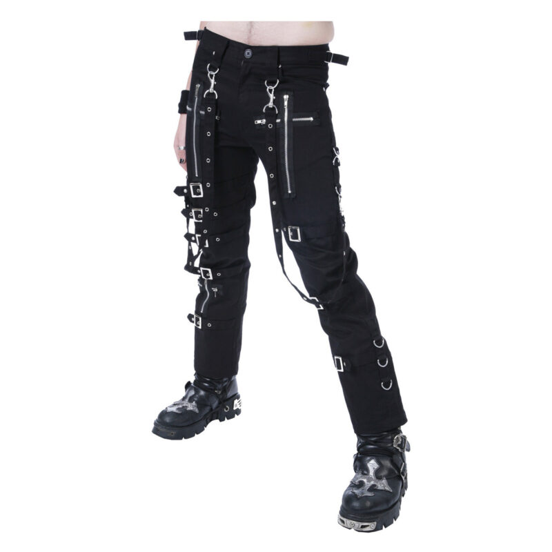Men Black Cybergoth Punk Pants | Slim Fit Industrial Trousers with Straps & Chains