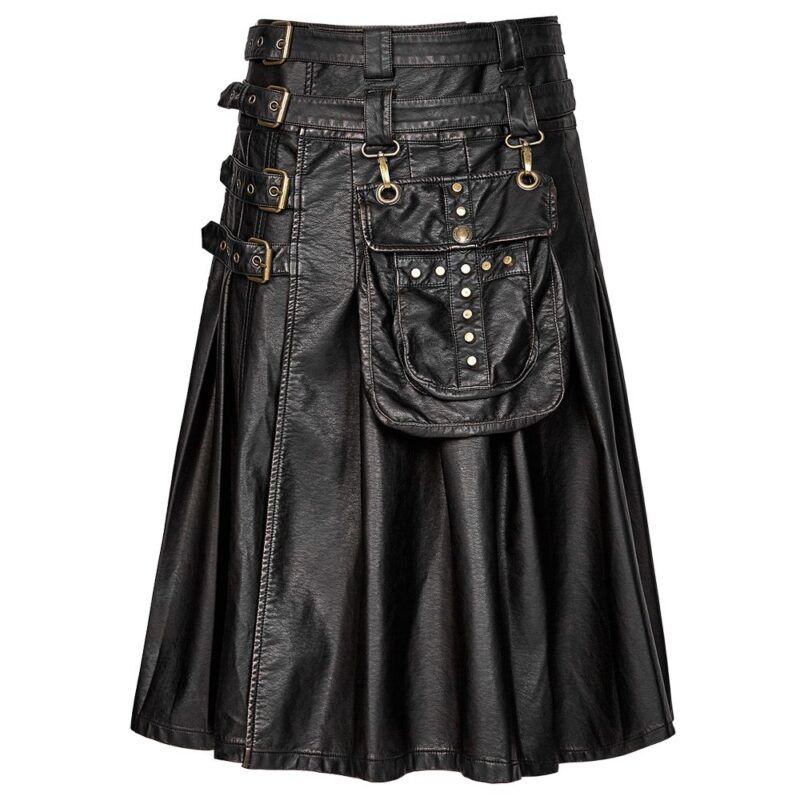 Men’s Gothic Steampunk Utility Kilt | Black Faux Leather Cargo Kilt