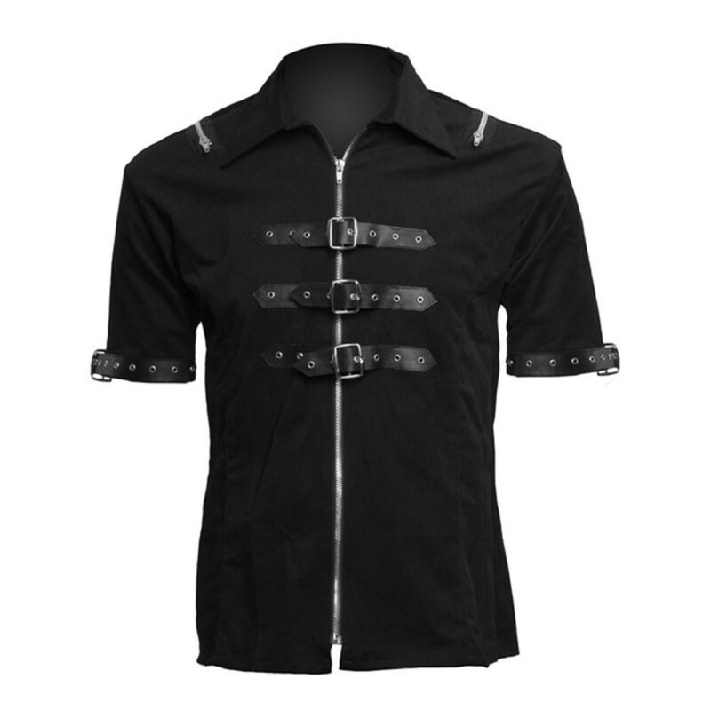 New Men Gothic Shirt Black Steampunk Style Straps Buckle Leather Shirt (2025)