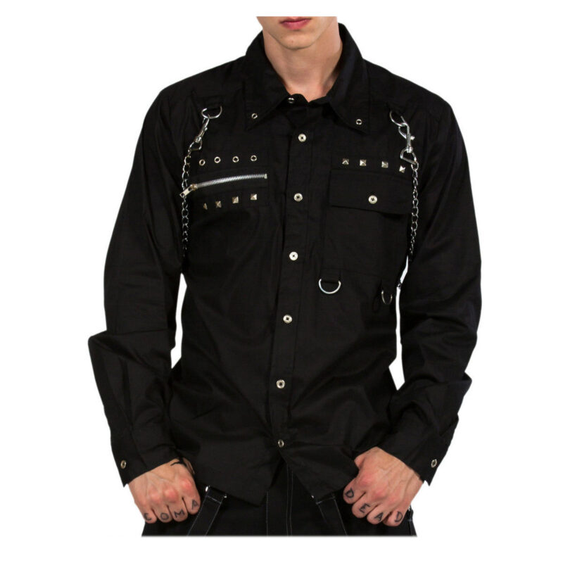 Men Gothic Shirt Zip & Chain Metal Studs Cotton Shirt Long Sleeve Shirt (2025)
