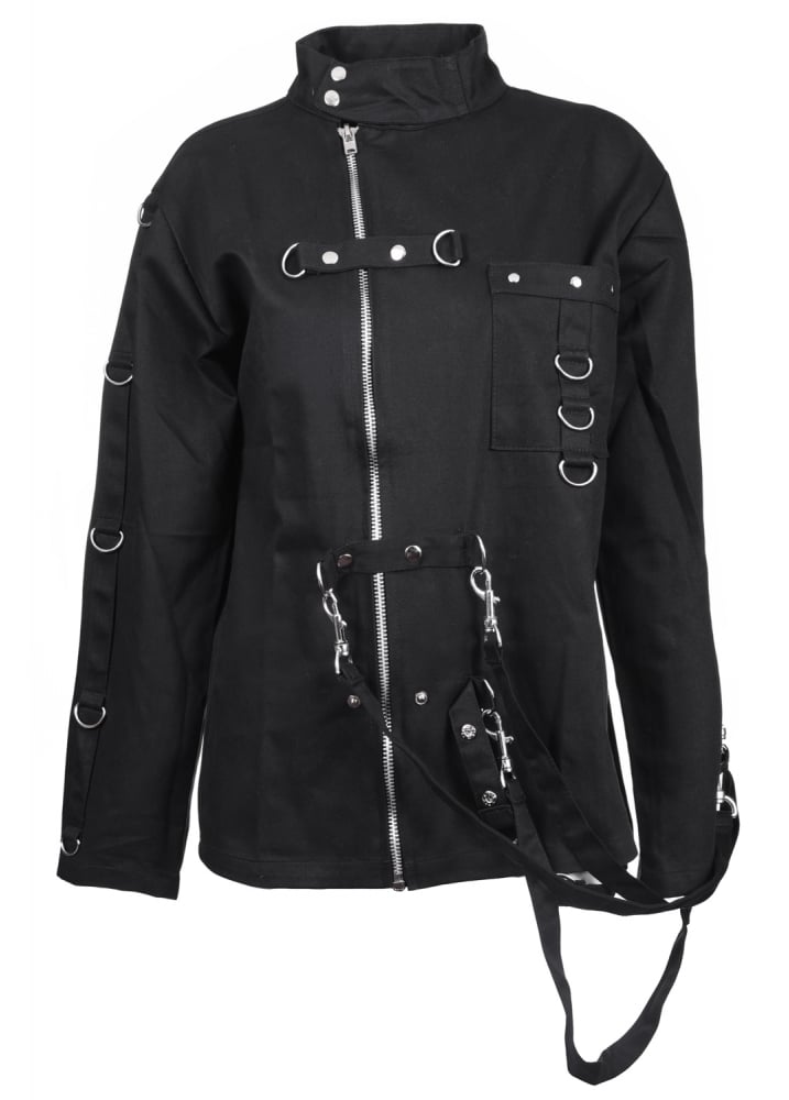 Women Gothic Industrial Jacket with D-Rings & Straps | Punk Cybergoth Statement Coat