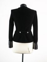 Women Black Velvet Military Jacket Leather Accents Double Breasted Vintage Coat - Image 3