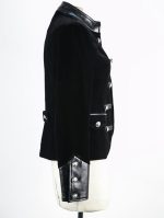 Women Black Velvet Military Jacket Leather Accents Double Breasted Vintage Coat - Image 2
