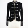 Women Black Velvet Military Jacket Leather Accents Double Breasted Vintage Coat (2025)