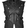 Men Gothic Military Vest Army Steampunk Cross Vest Black Leather Waistcoat