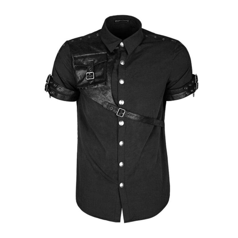 Steampunk Casual Shirt With Black Leather Pocket And Adjustable Straps (2025)