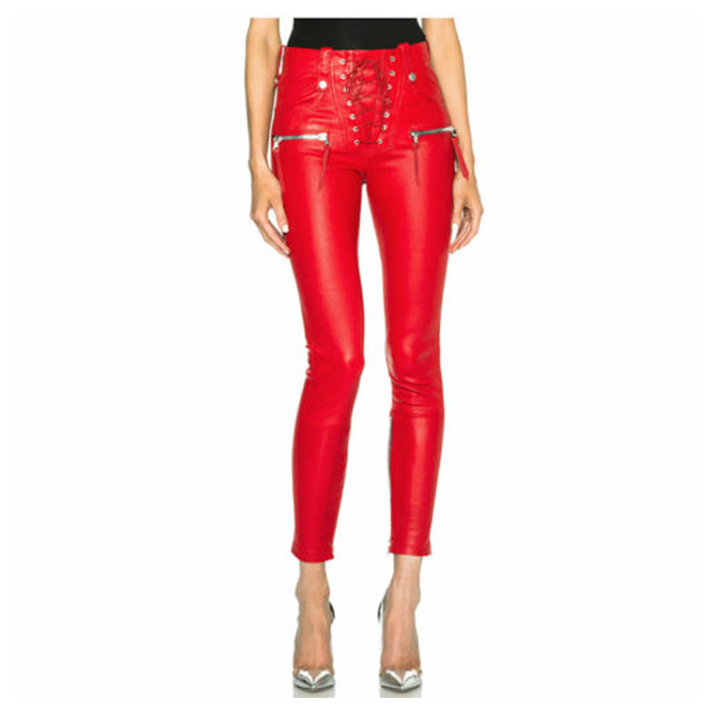 Women’s Hot Red Punk PU Leather Pants | Gothic Pencil Trousers