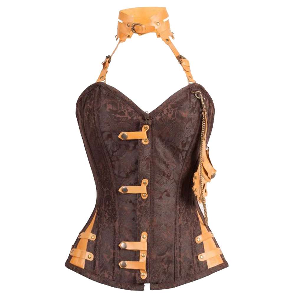 Steampunk Overbust Corset with Removable Neck Gear – Brown Leather & Brocade