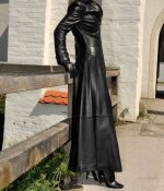Women Victorian Full-Length Black Leather Gothic Trench Coat with Corset Back - Image 6